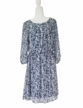 AB Studio Blue & White Leaf Print Dress, Elastic Waist - Size M